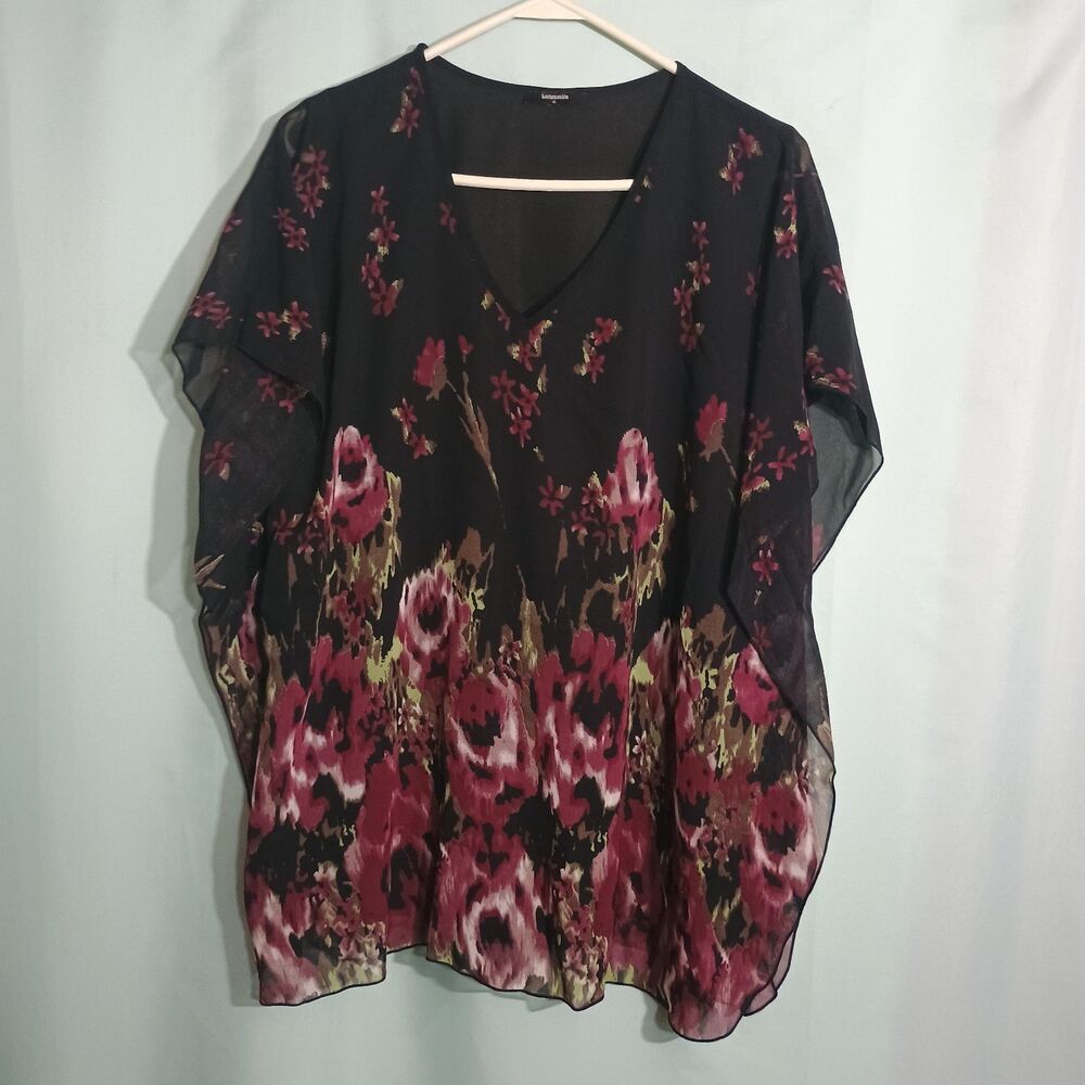 Black Burgundy Floral Chiffon Poncho Blouse V-Neck Sheer Boho Tunic Top